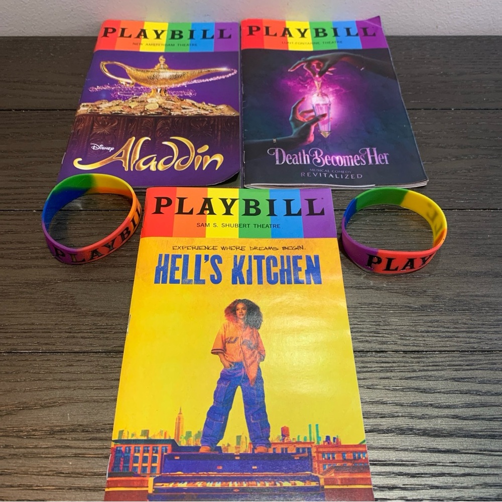 Broadway Playbills-2 wristbands Pride Month package- Aladdin-Hells Kitchen-Death